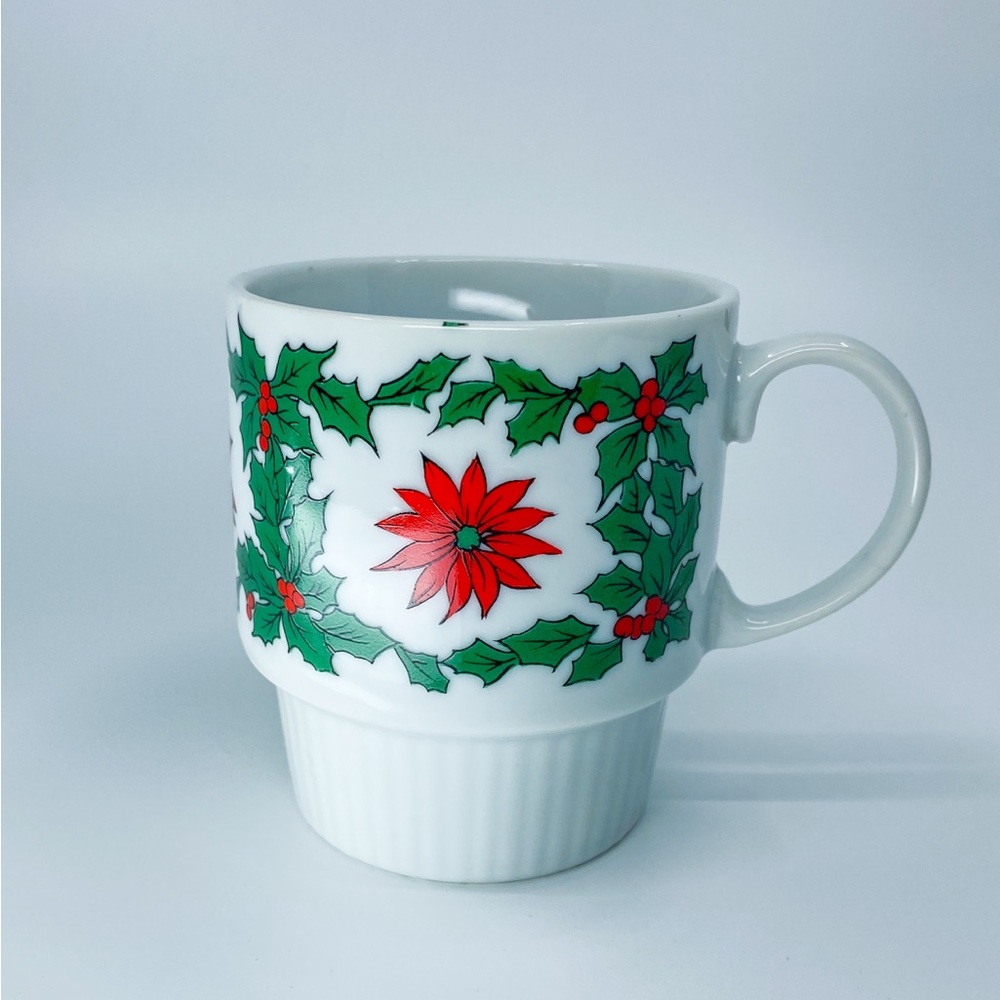Vintage Japan Poinsettia Holly Stackable Mug 8 oz Porcelain Christmas Cup